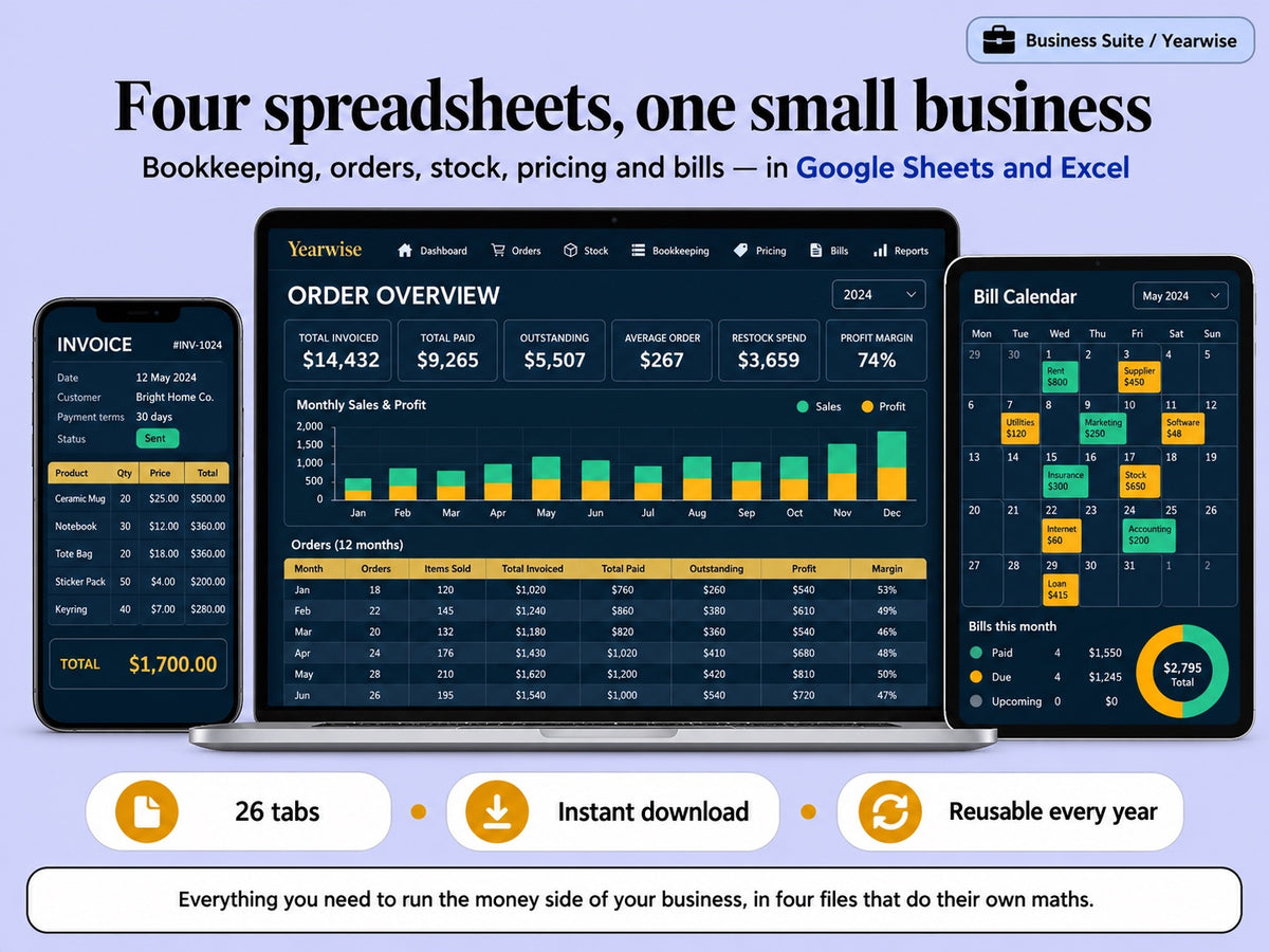 Yearwise Business Suite shown on a phone, laptop and tablet: bookkeeping, orders, stock and pricing spreadsheets for Google Sheets and Excel
