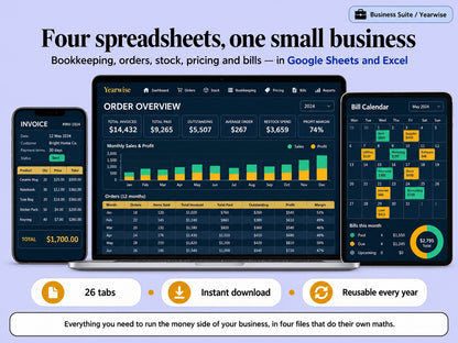 Yearwise Business Suite shown on a phone, laptop and tablet: bookkeeping, orders, stock and pricing spreadsheets for Google Sheets and Excel
