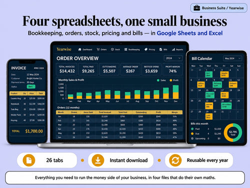 Yearwise Business Suite shown on a phone, laptop and tablet: bookkeeping, orders, stock and pricing spreadsheets for Google Sheets and Excel