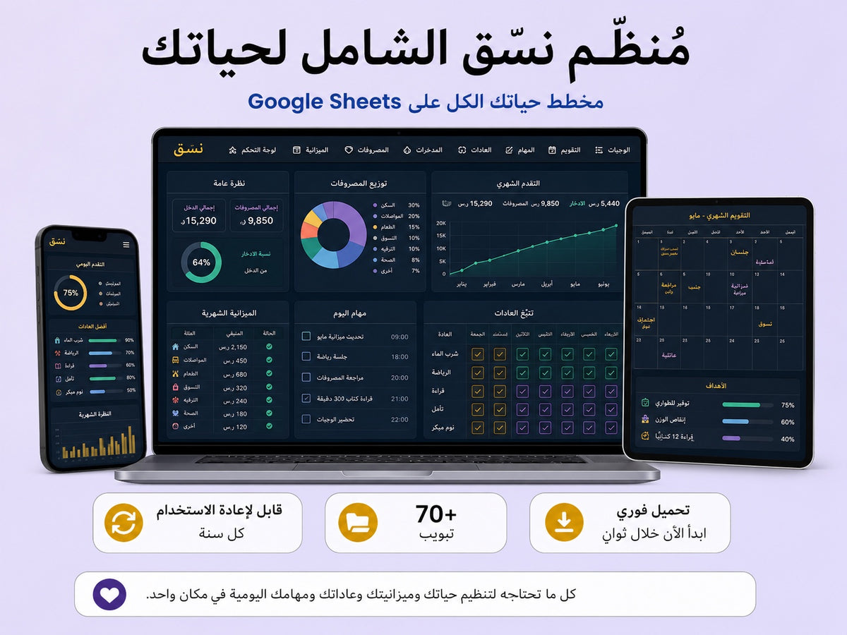 مخطط الحياة نسّق على Google Sheets — تنظيم كامل لحياتك بتحميل فوري ywlang-ar