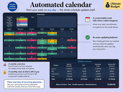 Yearwise automated calendar with colour-coded categories and weekly summary ywlang-en