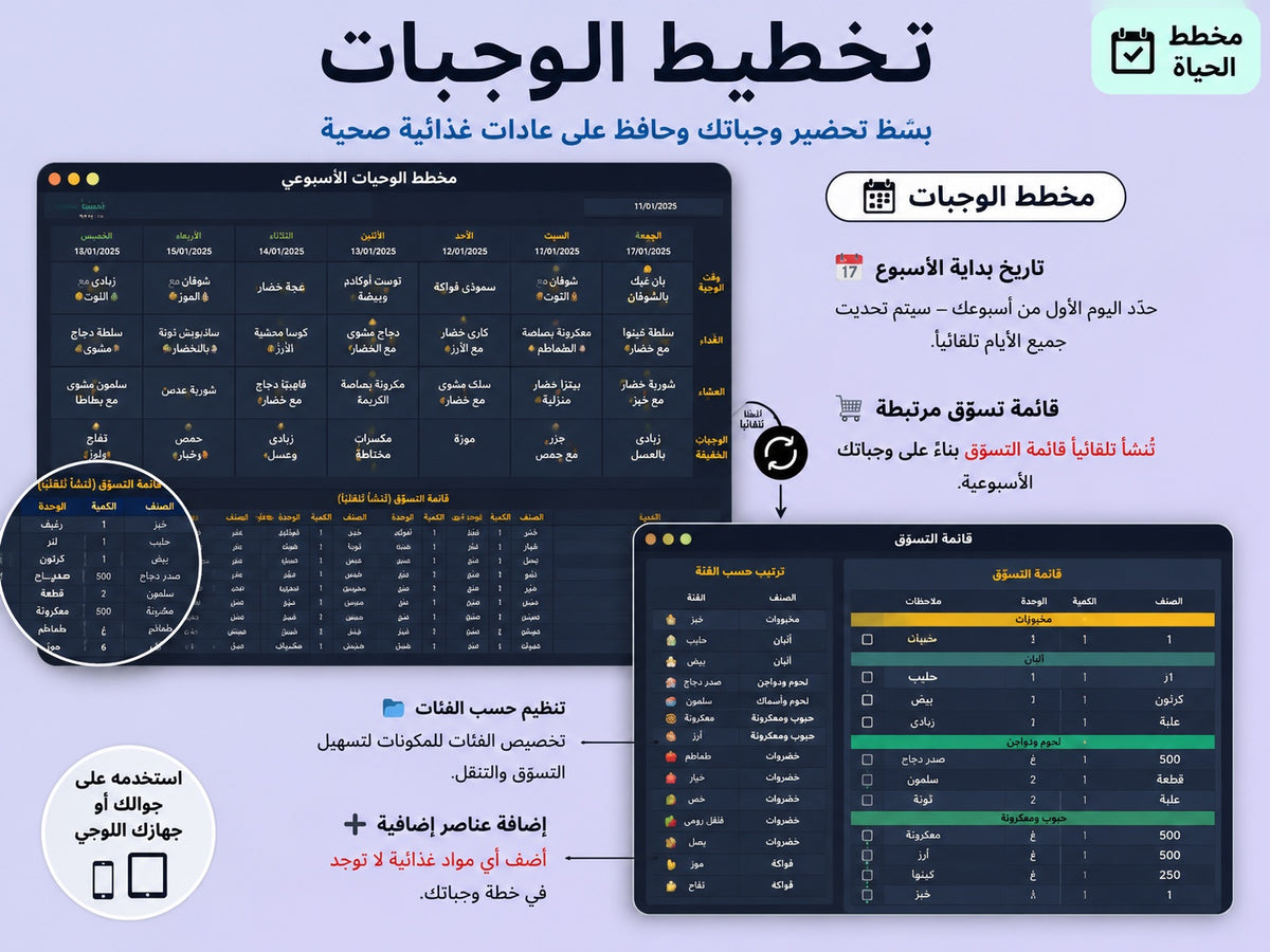 مخطط الوجبات — قائمة تسوّق تُنشأ تلقائيًا ywlang-ar