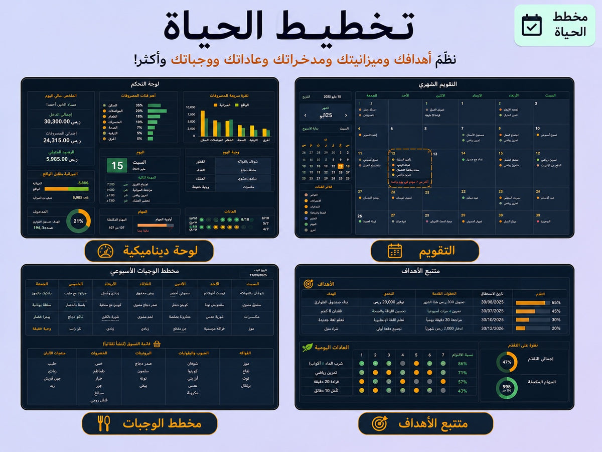 تخطيط الحياة — لوحة وتقويم ووجبات وأهداف في ملف واحد ywlang-ar