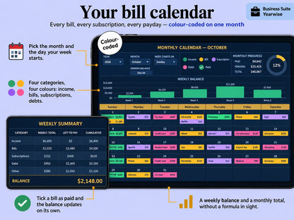 Monthly bill calendar of the Yearwise Business Suite with colour-coded bills, subscriptions, debts and income