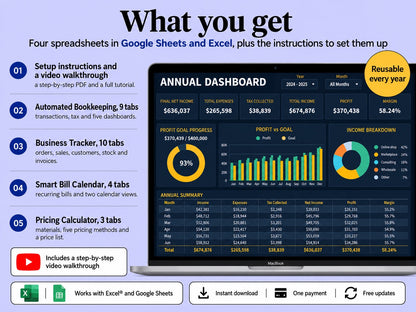 What is included in the Yearwise Business Suite: four spreadsheets, setup instructions and a video walkthrough