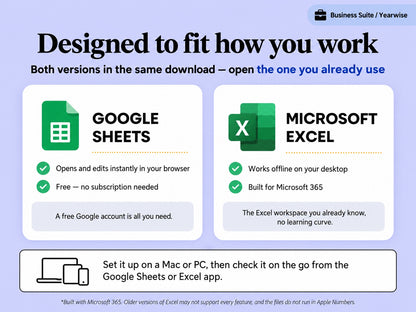 Yearwise Business Suite compatibility: Google Sheets and Microsoft Excel versions included in the same download